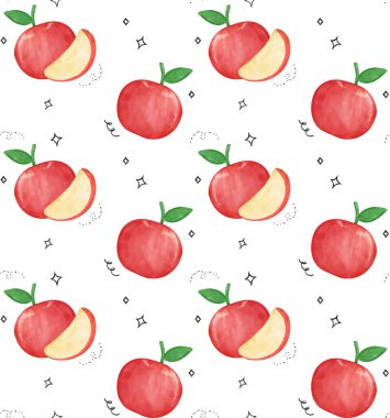 Kırmızı Elma Suluboya Şablonu Beyaz arka planda izole edilmiş, Taze Meyve İllüstrasyonu
