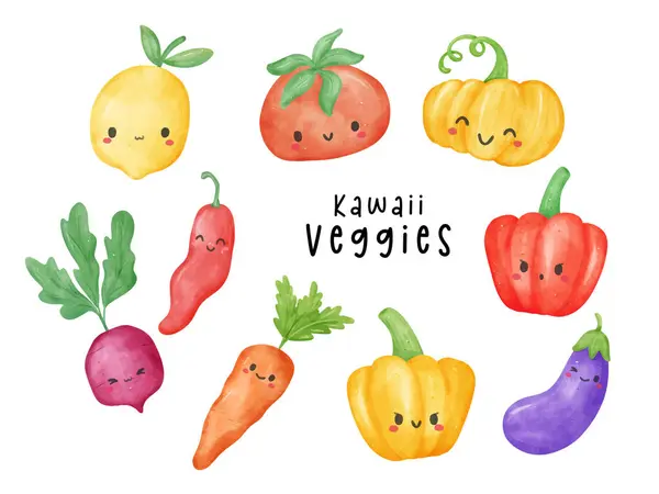 Kawaii Aquarell Gemüsefiguren Kollektion Niedliche Und Bunte Illustrationen — Stockvektor