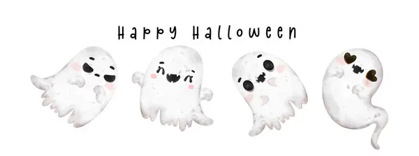 Kawaii Cartoon Halloween Ghosts Watercolor Hand Drawing Illustration Happy Halloween — Stock Vector