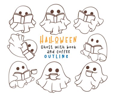 Kitap ve kahve özeti çizim setiyle Cadılar Bayramı Şirin Ürkütücü Hayalet. 