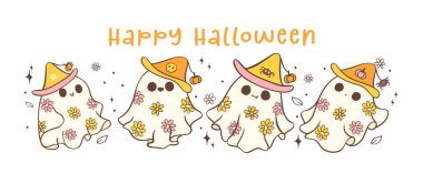 Şirin ve ürkütücü pembe cadılar bayramı hayaletleri papatya çiçeği illüstrasyon pankartı.