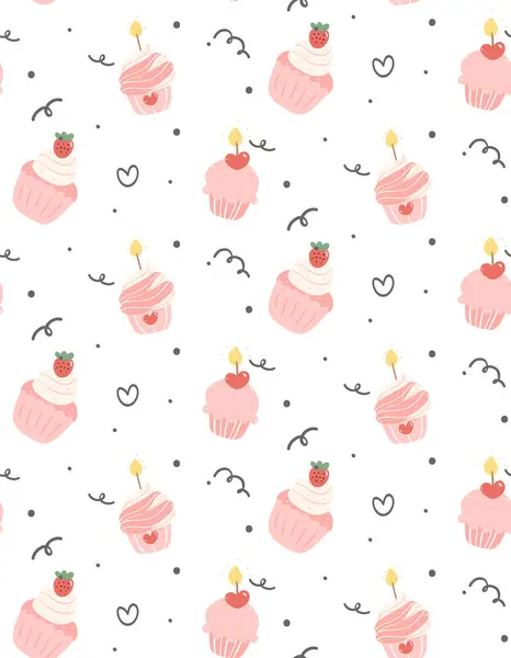 Schattige Naadloze Verjaardag Cupcake Plak Patroon Illustratie Geïsoleerd Witte Achtergrond — Stockvector