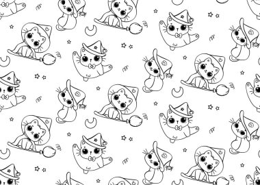 Tatlı cadılar bayramı cadısı Kara Kedi Çizgi Filmi Özeti Beyaz arka planda izole edilmiş Kusursuz Desen.