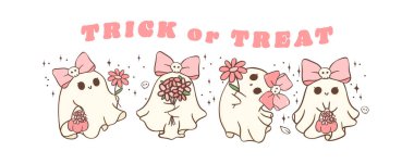 Şirin Kawaii Pembe Cadılar Bayramı hayaleti papatya çiçekli çizgi film karakteri Doodle Vektör İllüstrasyon Bayrağı