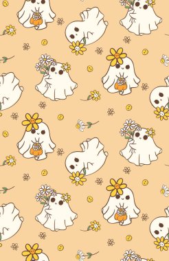 Sarı Arka plan 'da Daisy Flowers' ın izole edildiği kusursuz bir Cadılar Bayramı Hayaleti. Kağıt ambalaj, duvar kağıdı, tebrik kartı fikri.