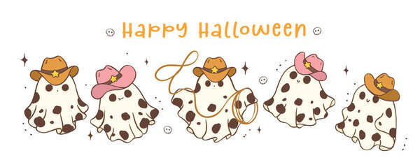 Group of Halloween Cowboy Ghost Cute Kawaii Cartoon Doodle Vector illustration banner. Happy haloween