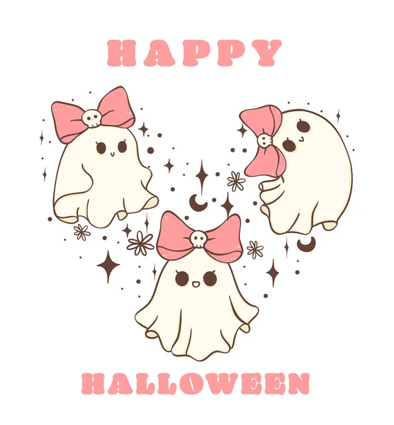 Gruppe Pinkfarbener Halloween Geister Herzform Retro Cute Kawaii Girly Cartoon — Stockvektor