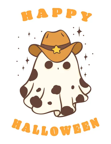 Halloween Cowboy Ghost Cute Kawaii Cartoon Doodle Vector Illustration Happy — Stock Vector