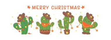 Kovboy Şapkası afişi, Kawaii Retro Batı Bitkisi El Çizimi ve Festive Flat Design ile Şirin Noel Kaktüsü Çizimi