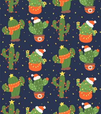 Kalıpsız Noel Kaktüsü Çizgi Filmi, Kawaii Retro Batı Santrali Koyu mavi arka planda izole