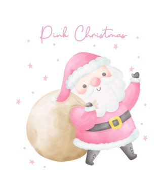Tatlı Pembe Noel Baba ve Çuval Sulu suluboya çizgi film karakteri El Boyama
