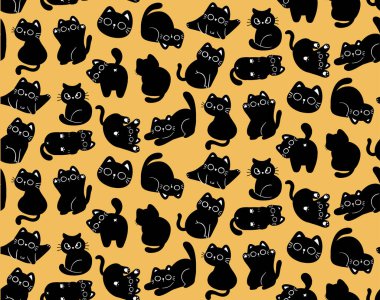 Kusursuz desenli Kara Kedi Çizgi Filmi Silueti, Kawaii Minimum Hayvan Tasarımı