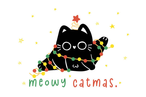 Cute Christmas Black Cat adorned with lights, humor greeting card, Funny and Playful Cartoon Illustration.
