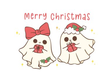 Hediyeli şirin ve Kawaii Noel Hayaletleri. Bayramlık tebrik kartı Kartviziti Çizim El, çok güzel bir poz..