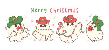 Şirin ve Kawaii Noel Kovboy Hayaletleri Grubu. Bayram Bayrağı Çizer Sevimli Poz Veren El Çizimi