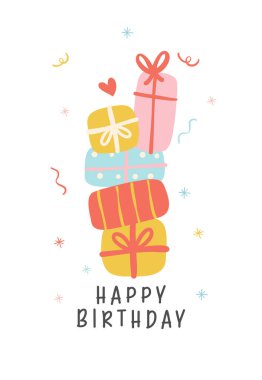 Cute Birthday card banner with colorful stacked of gift boxes minimal. Kawaii greeting card cartoon hand drawing flat design graphic illustration. clipart