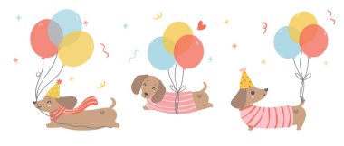 Dachshund sosisli şirin doğum günü afişi. Kawaii tebrik kartı karikatür el düz tasarım grafik çizim.