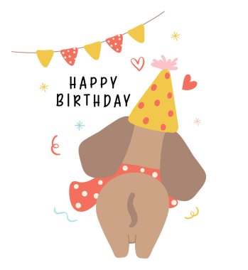 Dachshund Köpek Giyen Parti Şapkalı Şirin Doğum günü kartı. Kawaii tebrik kartı karikatür el düz tasarım grafik çizim.