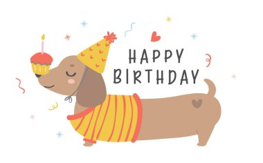 Dachshund sosisli şirin doğum günü kartı. Kawaii tebrik kartı karikatür el düz tasarım grafik çizim.