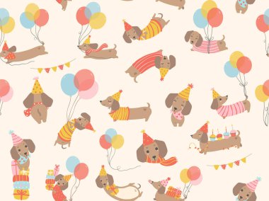 Doğum günü köpek desenli şirin arkaplansız parti dachshund sosis çizgi film çizimi.