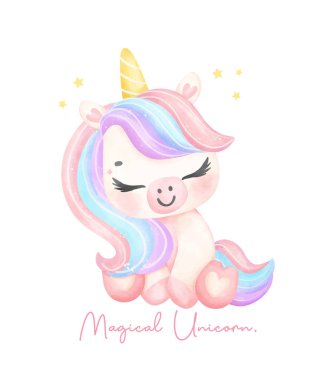 Cute unicorn sitting watercolor dreamy nursery Art illustration. Magical Unicorn. clipart
