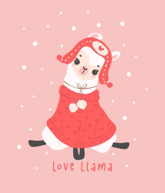 Şirin Noel Lama, Sevgililer Günü Lama tebrik kartı kış temalı, kawaii karikatür çizimi çizimi