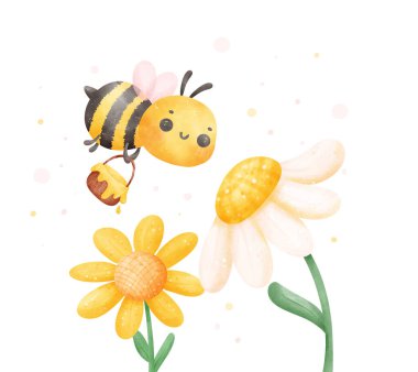 Çiçekli, suluboya çizgi film karakteri el boyama vektörlü şirin bebek bal arısı..