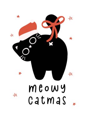 Noel Baba Şapkalı Şirin Noel Kedisi, Mizah tebrik kartı, Komik ve Eğlenceli Çizgi Film Çizimi.