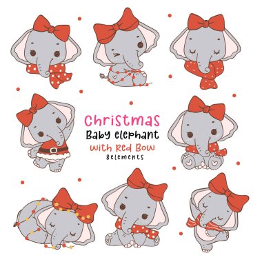 Kızıl Yay Koleksiyonlu Noel Fili Kız, Dorable ve Kawaii bebek vahşi hayvan çizgi filmi çizimi 