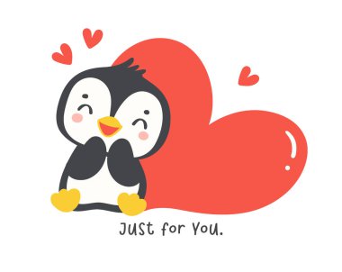 Kırmızı kalpli sevimli penguen, Kawaii Valentine hayvan karakteri çizimi, neşeli el çizimi, neşeli aşk grafiği..