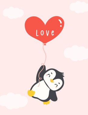 Kawaii pengueni elinde kalp balonları, çizgi film, sevimli Valentine hayvan karakteri çizimi.