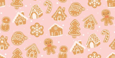 Şirin kawaii Noel desenli dikişsiz zencefilli kek el çizimi pembe arka planda izole edilmiş.