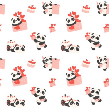 Sevgililer Günü panda desenli, beyaz arka planda izole edilmiş aşk mektuplu çizgi film hayvanı..
