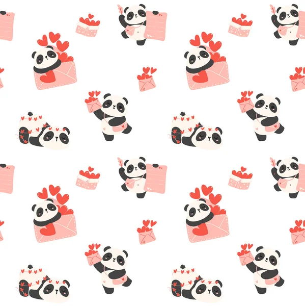 Valentine Panda Pattern Seamless Love Mail Cartoon Animal Isolated White — Stock Vector