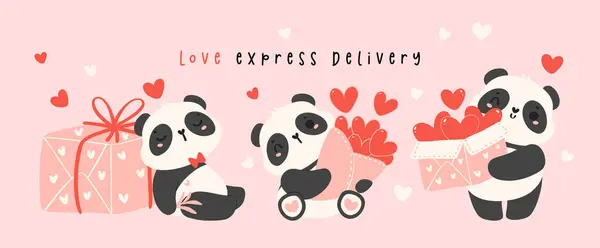 Valentine Pandas Love Delivery Cartoon Animal Hand Drawn Illustration Banner — Stock Vector