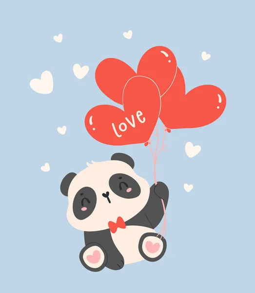 Cute Valentine Panda Heart Balloons Cartoon Animal Hand Drawn Illustration — Stock Vector