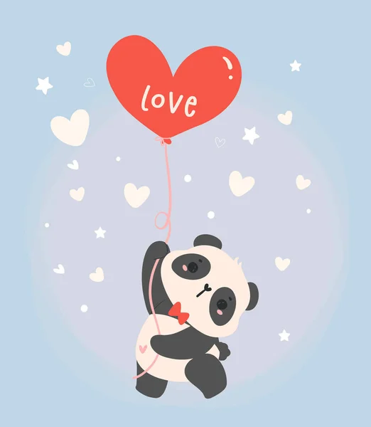 Cute Valentine Panda Heart Balloons Cartoon Animal Hand Drawn Illustration — Stock Vector
