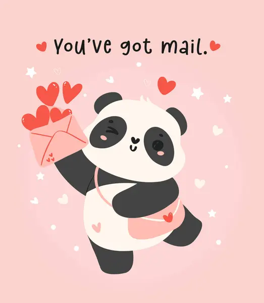 Cute Valentine Panda Love Mail Delivery Cartoon Animal Hand Drawn — Stock Vector