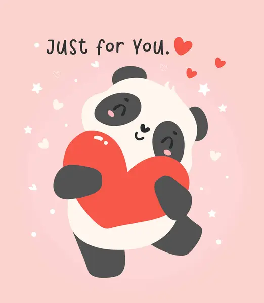 Cute Valentine Panda Red Heart Cartoon Animal Hand Drawn Illustration — Stock Vector