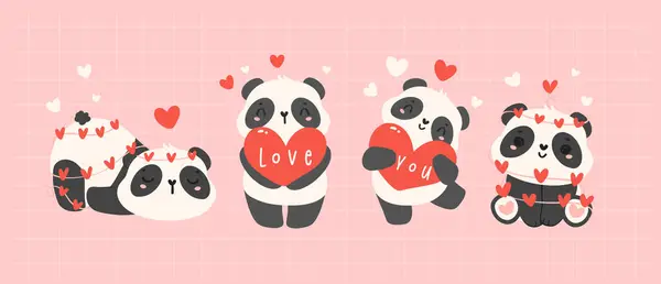 Cute Valentine Pandas Hearts Cartoon Animal Hand Drawn Illustration Banner — Stock Vector