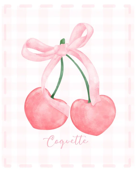 Tatlı koket estetik pembe kurdele, kırmızı kirazlı ve suluboya..