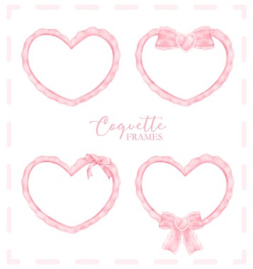 Tatlı coquette estetik pembe çerçeve kalp şekli kurdele yayı ve klasik suluboya koleksiyonu..