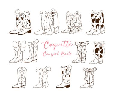 Coquette Pembe Kovboy Çizmeleri Kurdele Yay El Taslak Koleksiyonu