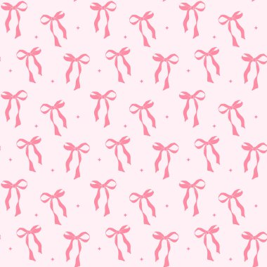 Sevimli coquette estetik desen dikişsiz pembe kurdele yayı pembe arka planda izole edilmiş.