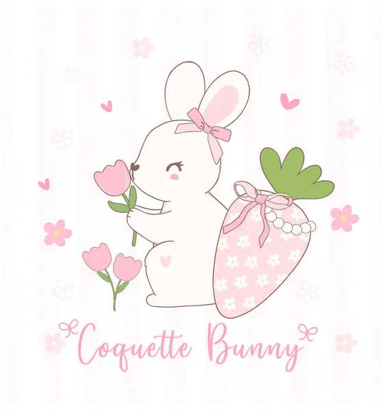 stock vector Cute Coquette bunnies with bow and easter egg Cartoon, sweet Retro Happy Easter spring animal.