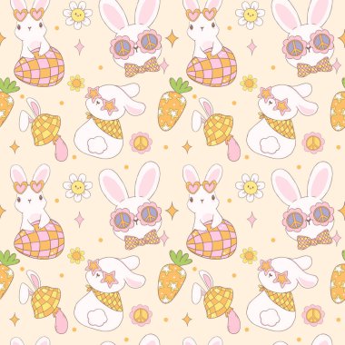 Havalı Paskalya Şablonu Kusursuz Retro Disko Tavşanı Neşeli Hayvan Çizimi Arka planda izole.