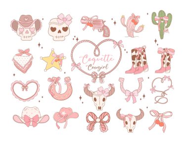 Coquette Cowgirl Pembe kurdele çizgi film koleksiyonu. Oyuncu ve kaprisli Çizim.