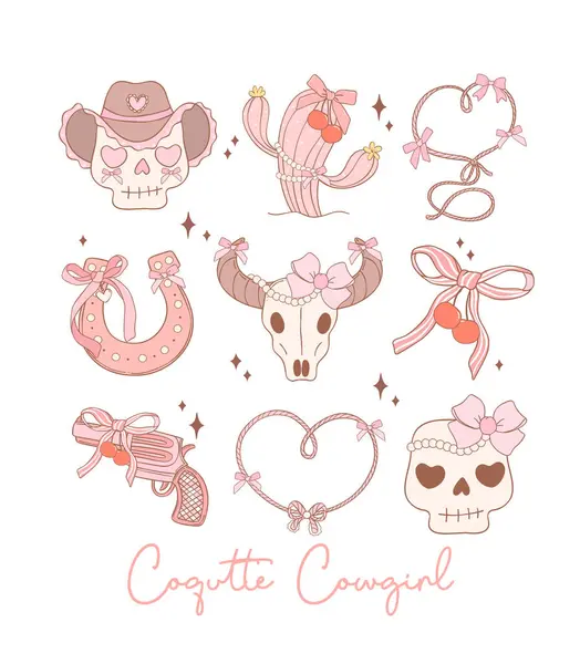 Coquette Cowgirl Pembe kurdele, çizgi film yıldızı Doodle. Oyuncu ve Kaprisli İllüstrasyon gömlek tasarımı.