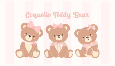 3 Sevimli Coquette Teddy Bear Friends grubu. Çocuklar ve Tasarım İçin Tuhaf Çizgi Film.