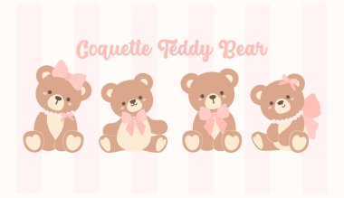 4 Sevimli Coquette Teddy Bear Friends grubu. Çocuklar ve Tasarım İçin Tuhaf Çizgi Film.